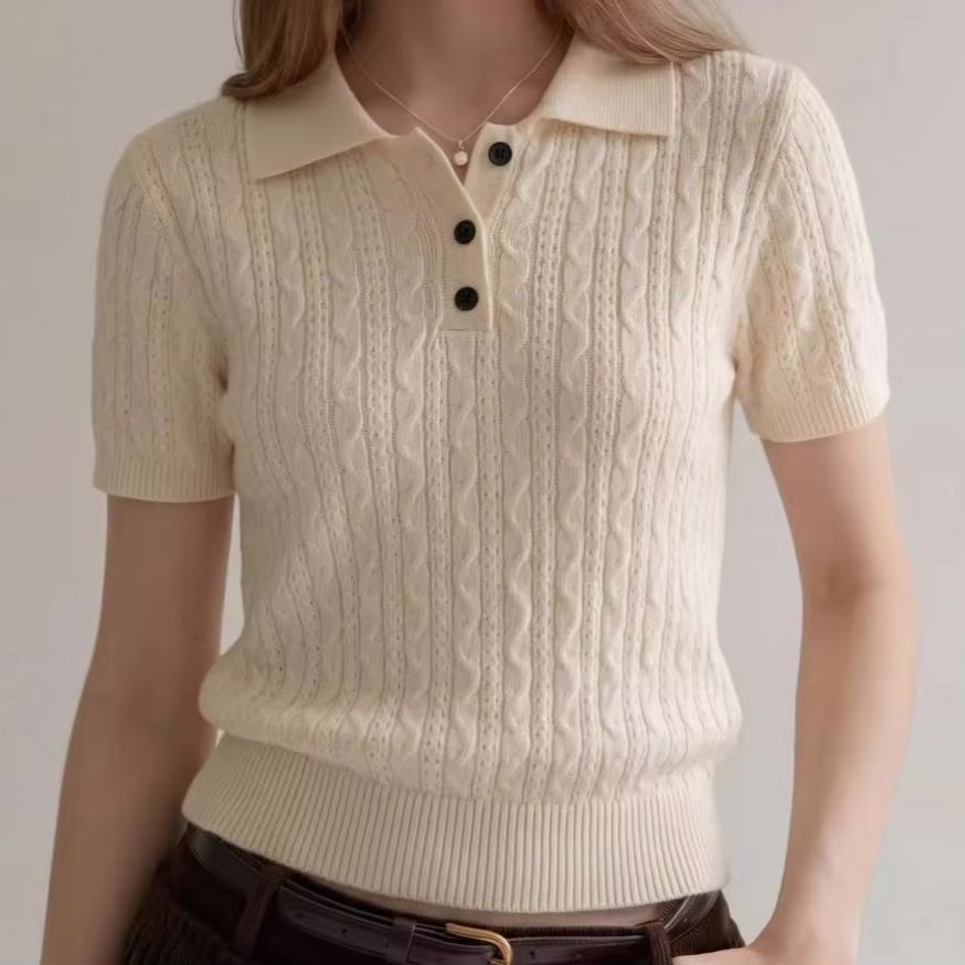 Women Fashion Styles - Mode Casual Stijl Twist Kabelgebreid Poloshirt