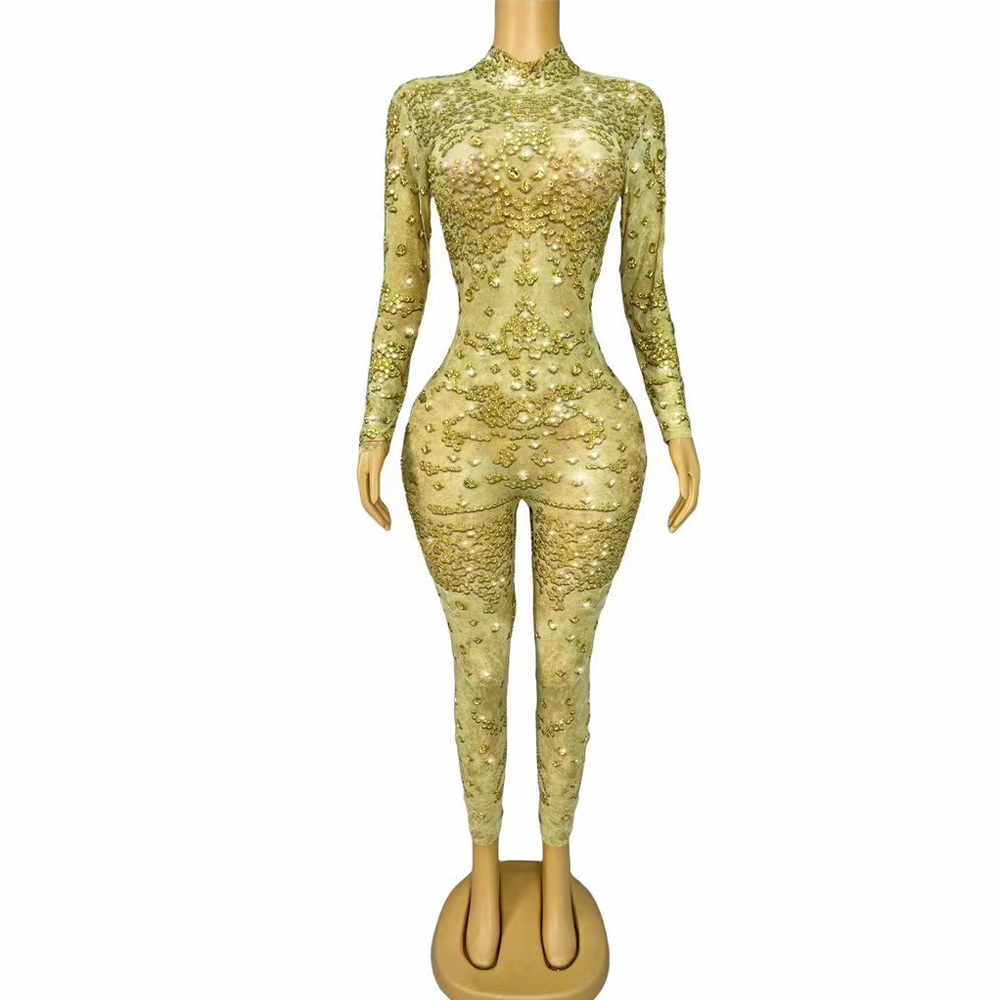 Women Fashion Photoshoot - Sexy podium glanzende gouden strass jumpsuit
