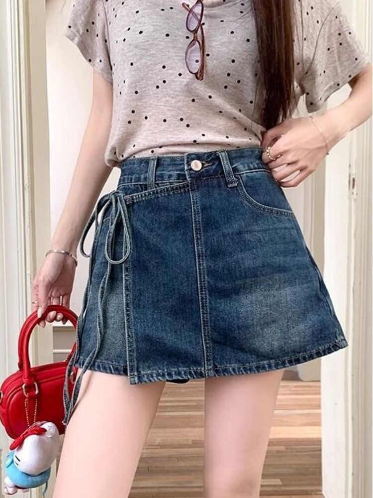 Denim Shorts Women - Dames denim skort met hoge taille,