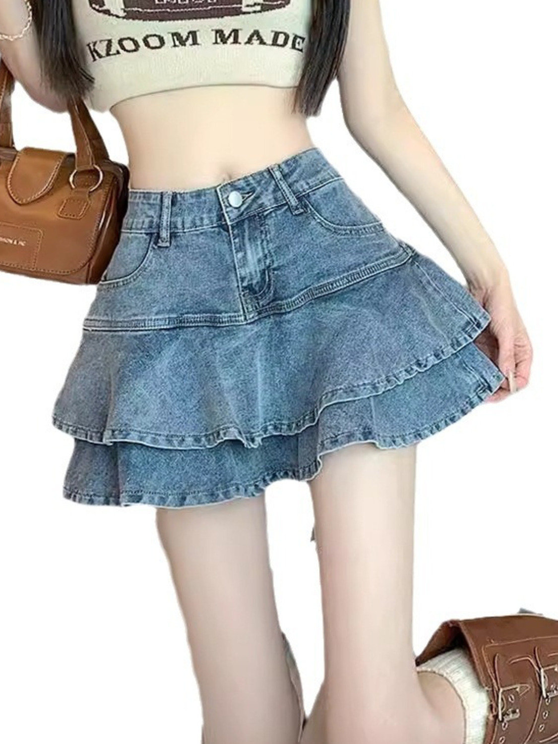 Denim Shorts Women - Dames Vintage Gewassen Denim Gelaagde Ruffle