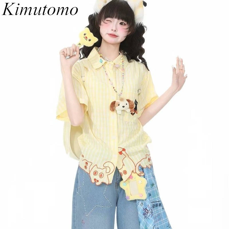Women'S Y2K Fashion Aesthetic - Kimutomo Shirts Dames Borduren Kat Plaid