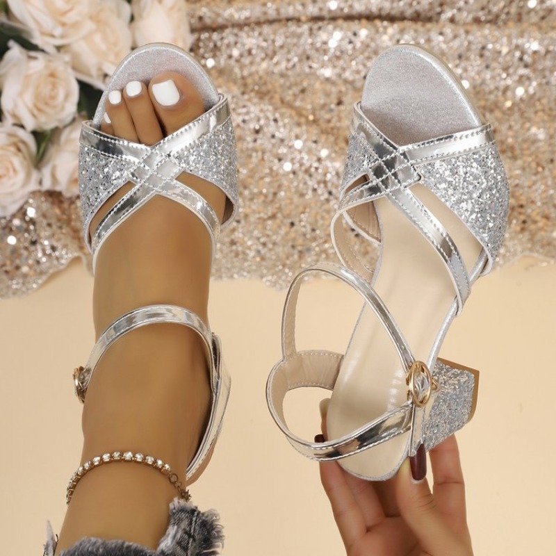 Women Fashion Trend 2026 - Vrouwen Blokhakken Sandalen Goud Sparkly Cross