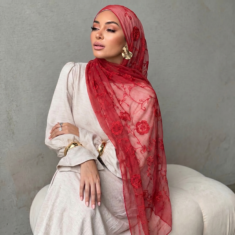 Women Fashion Wear - Bloemenborduurwerk moslim hijab doorschijnende sjaal zachte