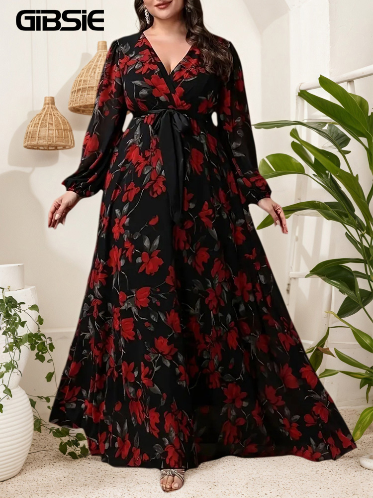 Maxi Dress Boho - GIBSIE Plus Size Bloemenprint V-hals Jurk