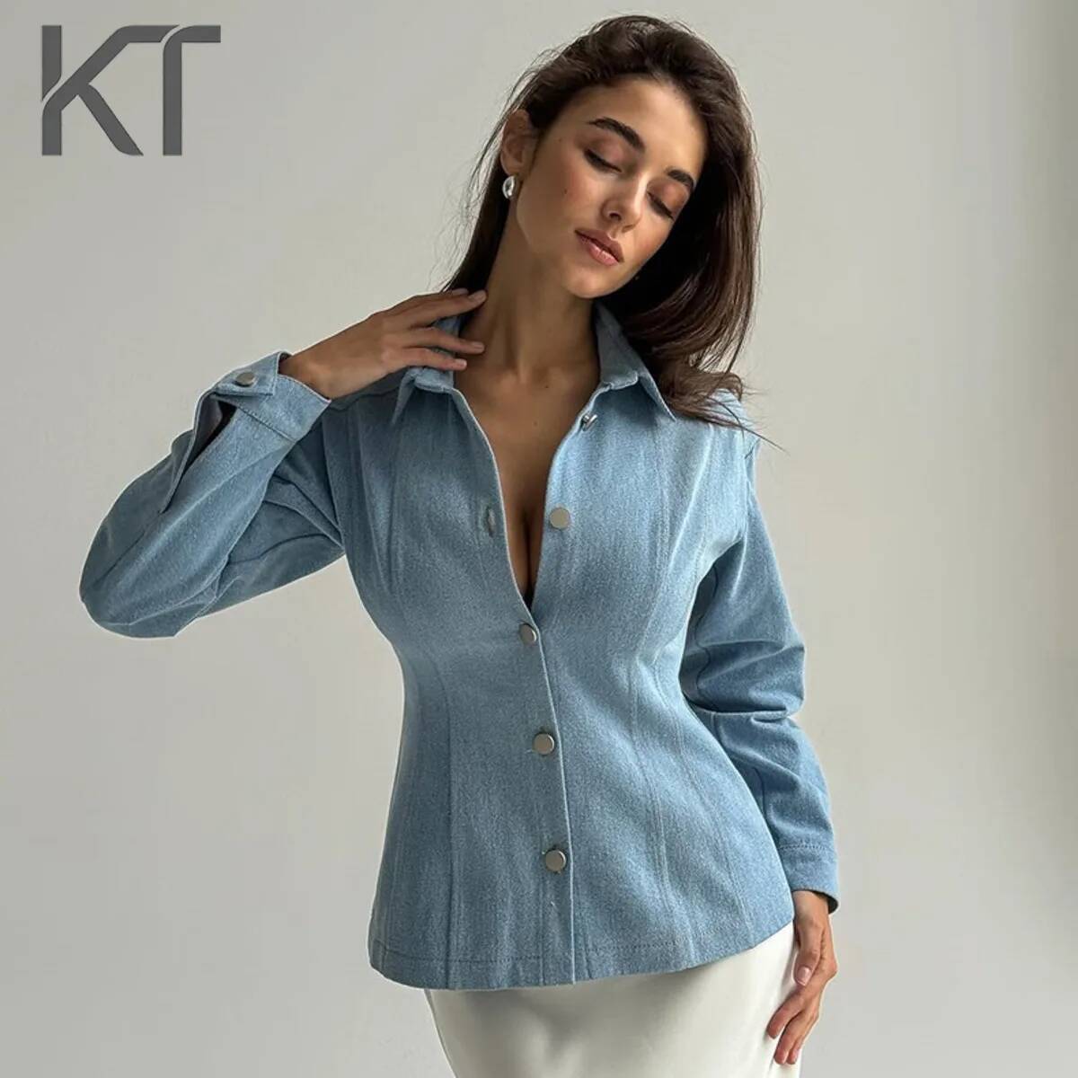 Women Fashion Wear - KT Vintage Tailleerend Denim Shirt voor