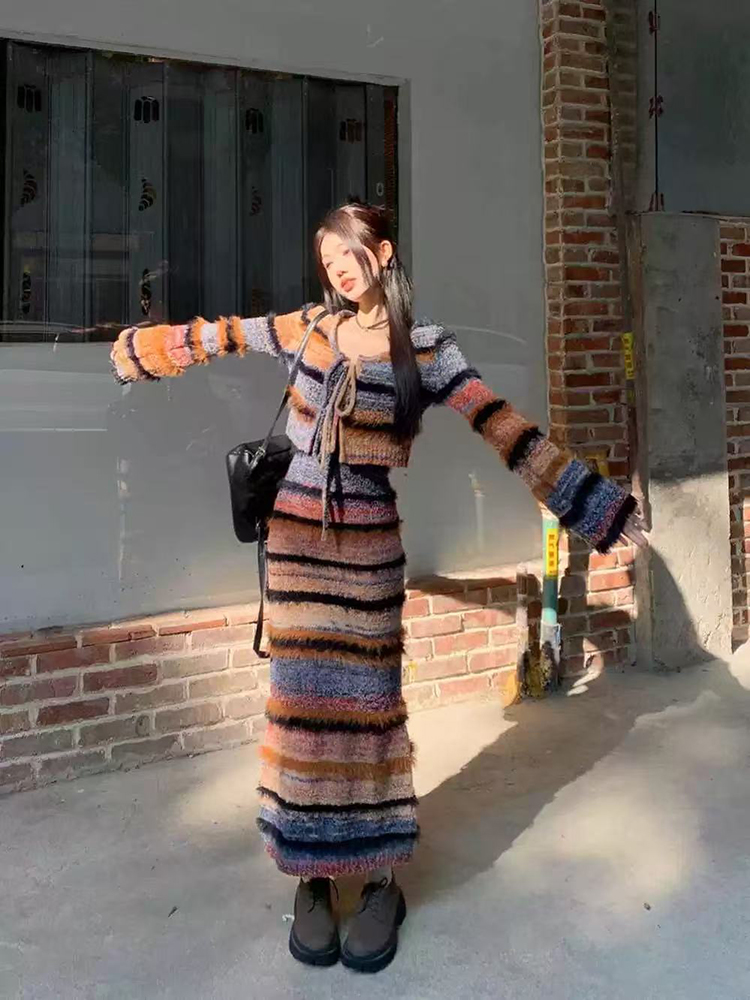 Longline Cardigan Knit - Vintage Gestreept Gebreid Vest Set Vrouwen