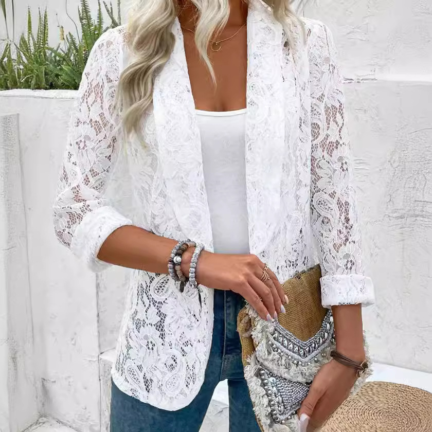 Blazer Women Oversized - Zomer wit kant uitgehold damesjas effen