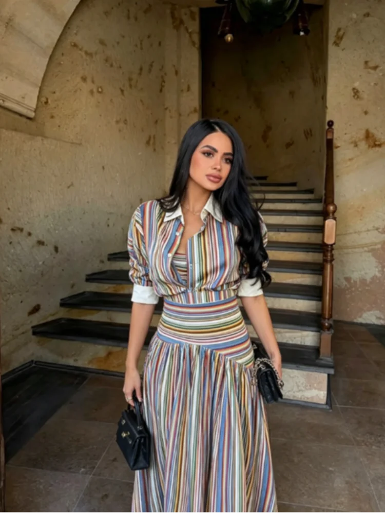 Maxi Dress Boho - Boho kleurrijke gestreepte shirt maxi jurk