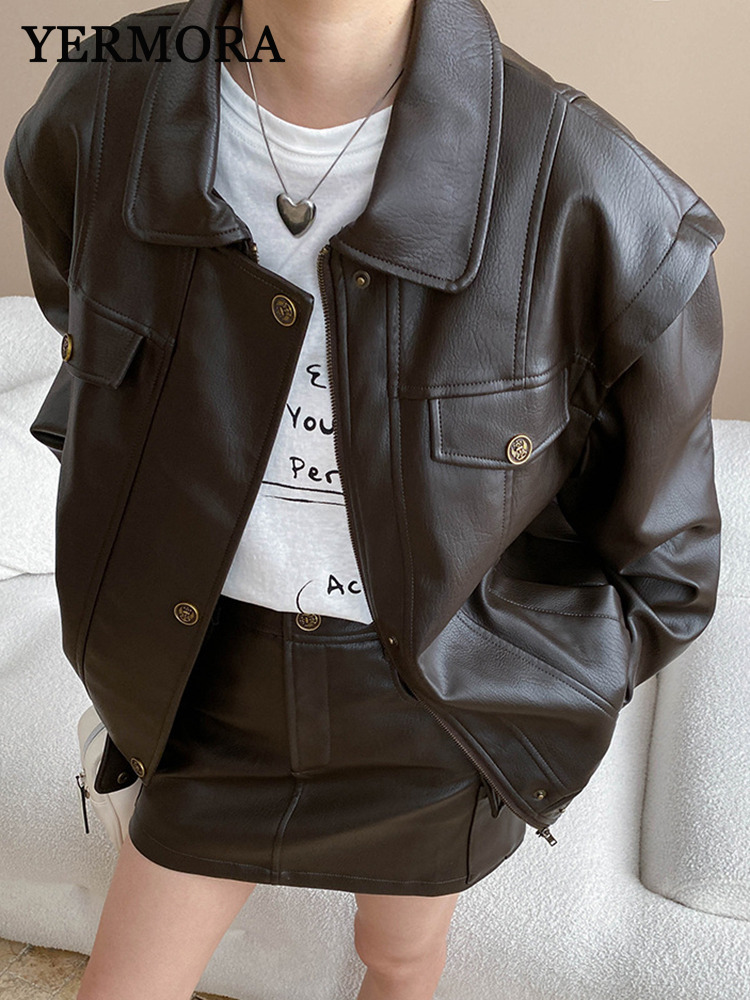 YERMORA Vrouwen Koffie PU Leer - Women'S Fashion Leather Jacket recensie en prijs
